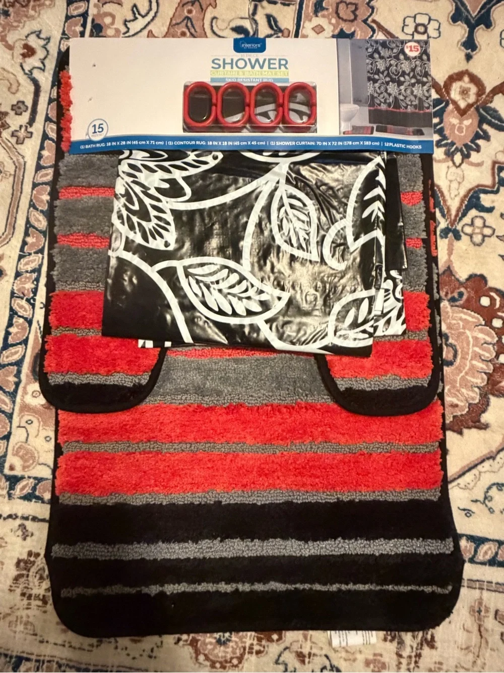 Shower Bath Rug & Contour Set - Red, Gray, Black